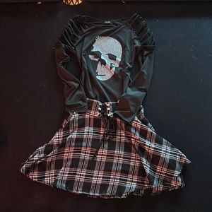 Hot Topic pleated short skirt LG & Chic skeleton long sleeve shirt.